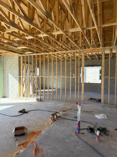 Large room with exposed trusses